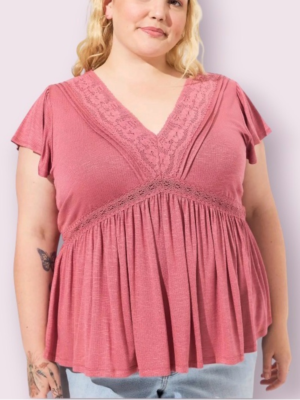 Torrid V-Neck Lace Inset Babydoll Top Pink Size 3X
